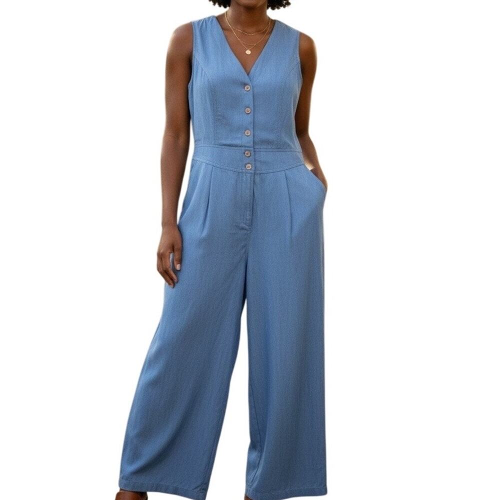 NEW Women's Sleeveless Chambray Wide Leg Jumpsuit Blue Size XL